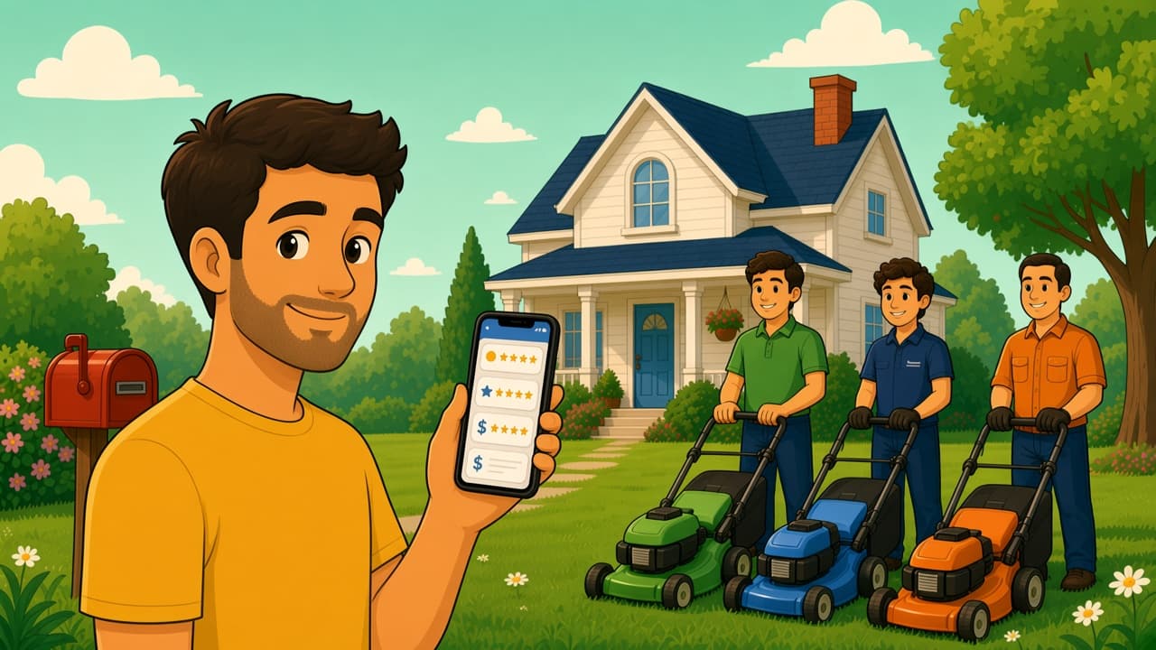 Homeowner showing local lawn care quotes on a phone while three shops wait in the yard