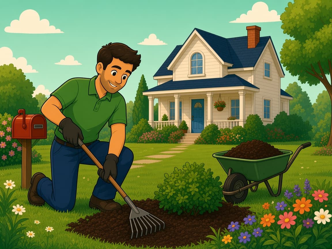 A lawn care professional spreading fresh mulch around flowers and shrubs