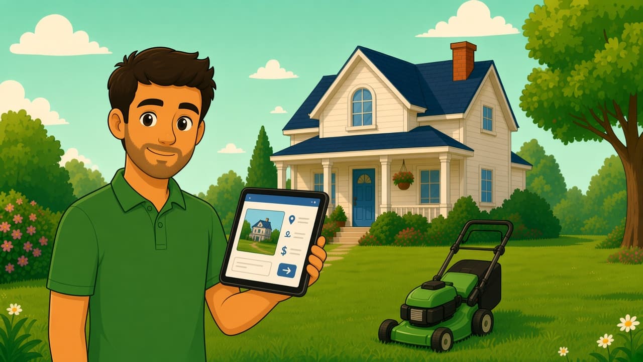 A lawn care shop owner reviewing a local yard listing and preparing an estimate