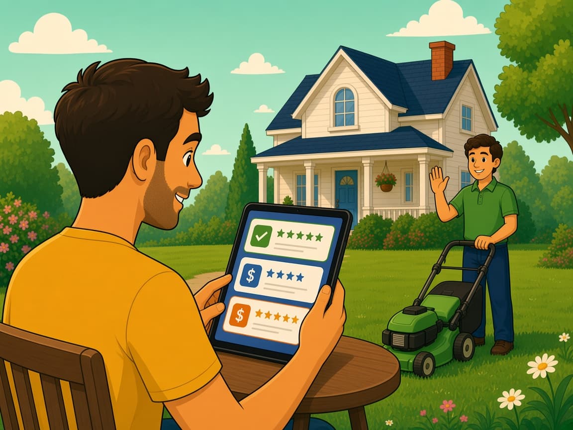 Homeowner choosing one lawn care estimate on a tablet