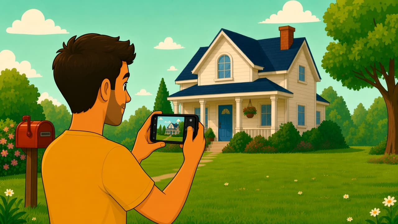 Homeowner lining up a photo of a sunny front yard to post for local quotes